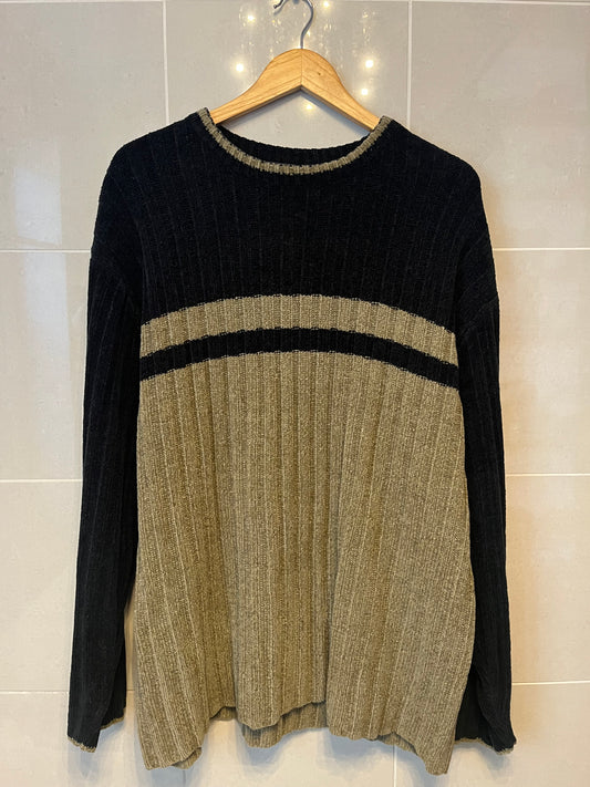 90s Ribbed Chenille Sweater – Two-Tone Stripe | Size Large
