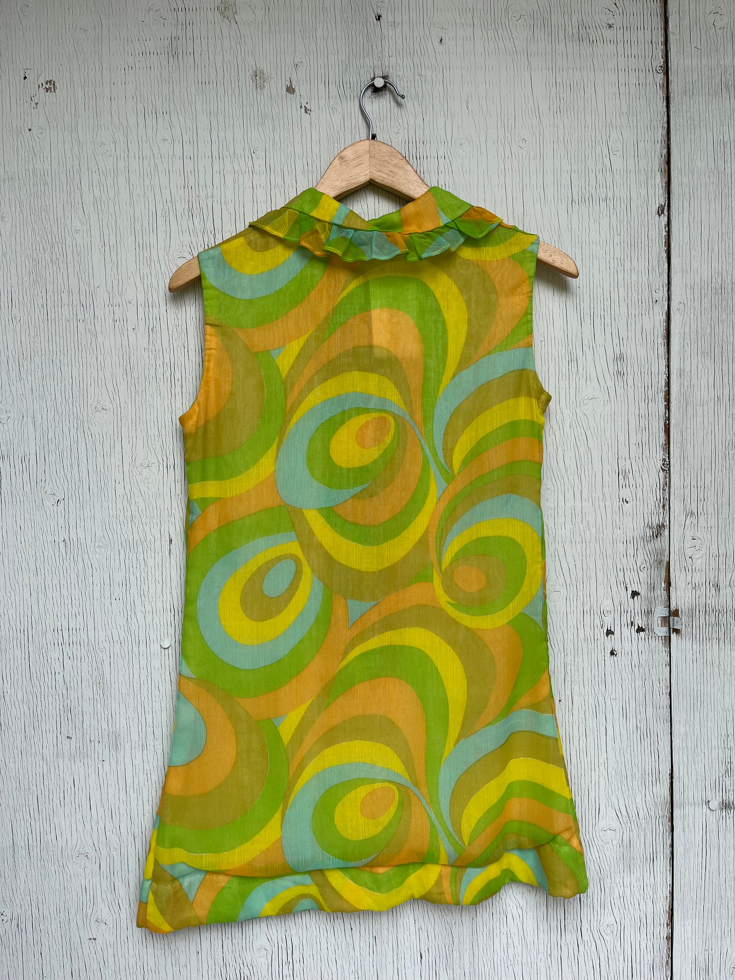 1970s - Rosita Originals Swirl Print Sleeveless Blouse / USA / Yellow Green
