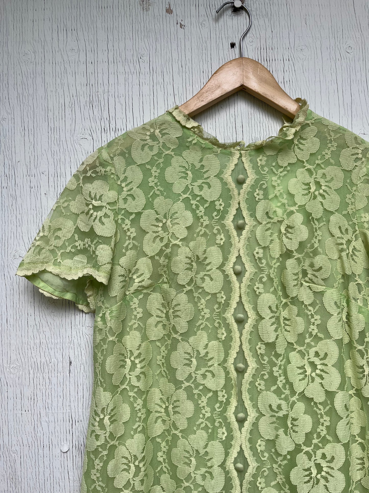 1960s - Floral Lace Green Maxi Dress With Button Detail