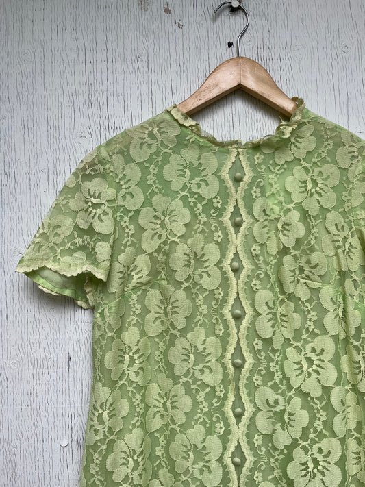 1960s - Floral Lace Green Maxi Dress With Button Detail