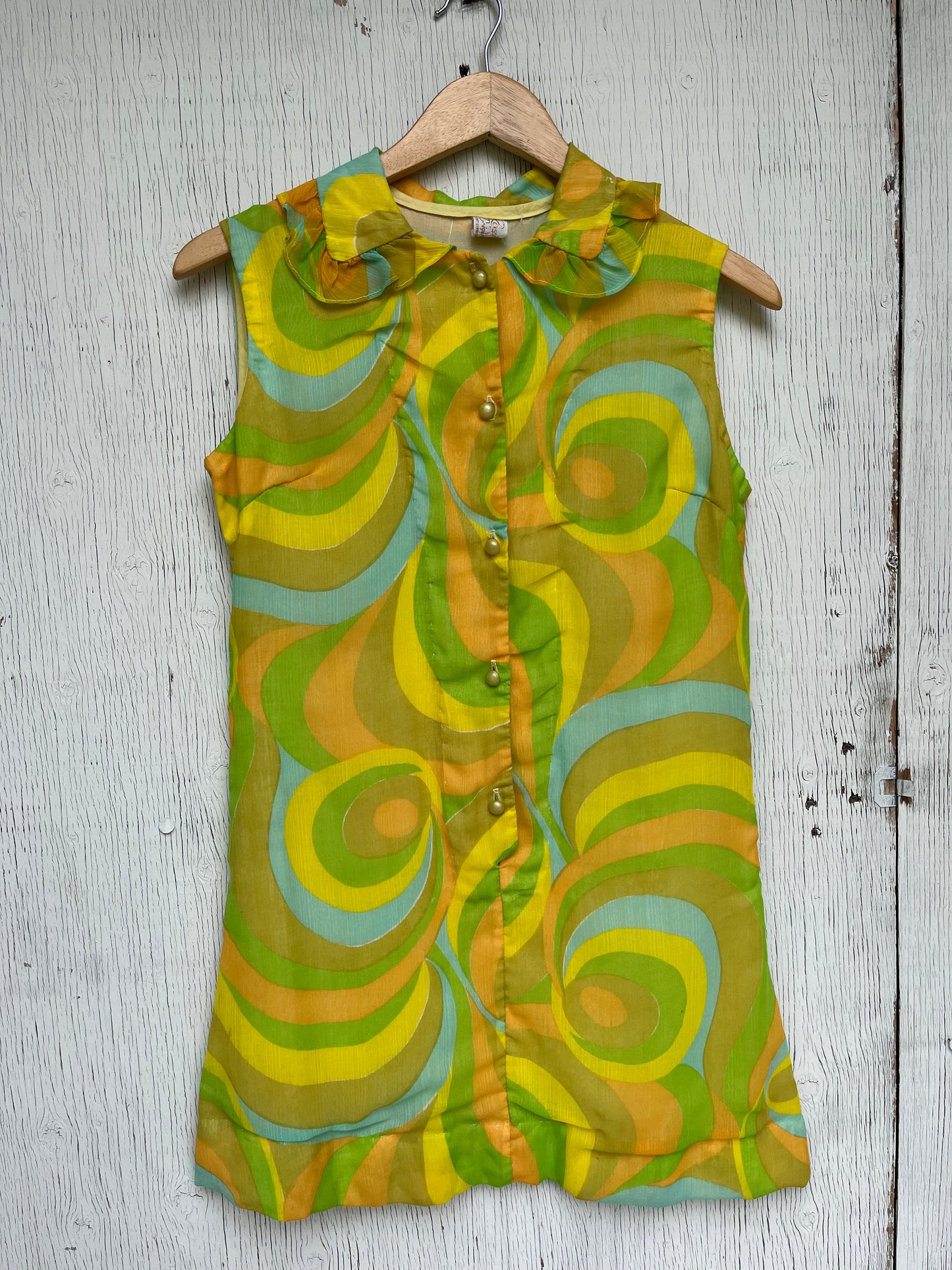 1970s - Rosita Originals Swirl Print Sleeveless Blouse / USA / Yellow Green