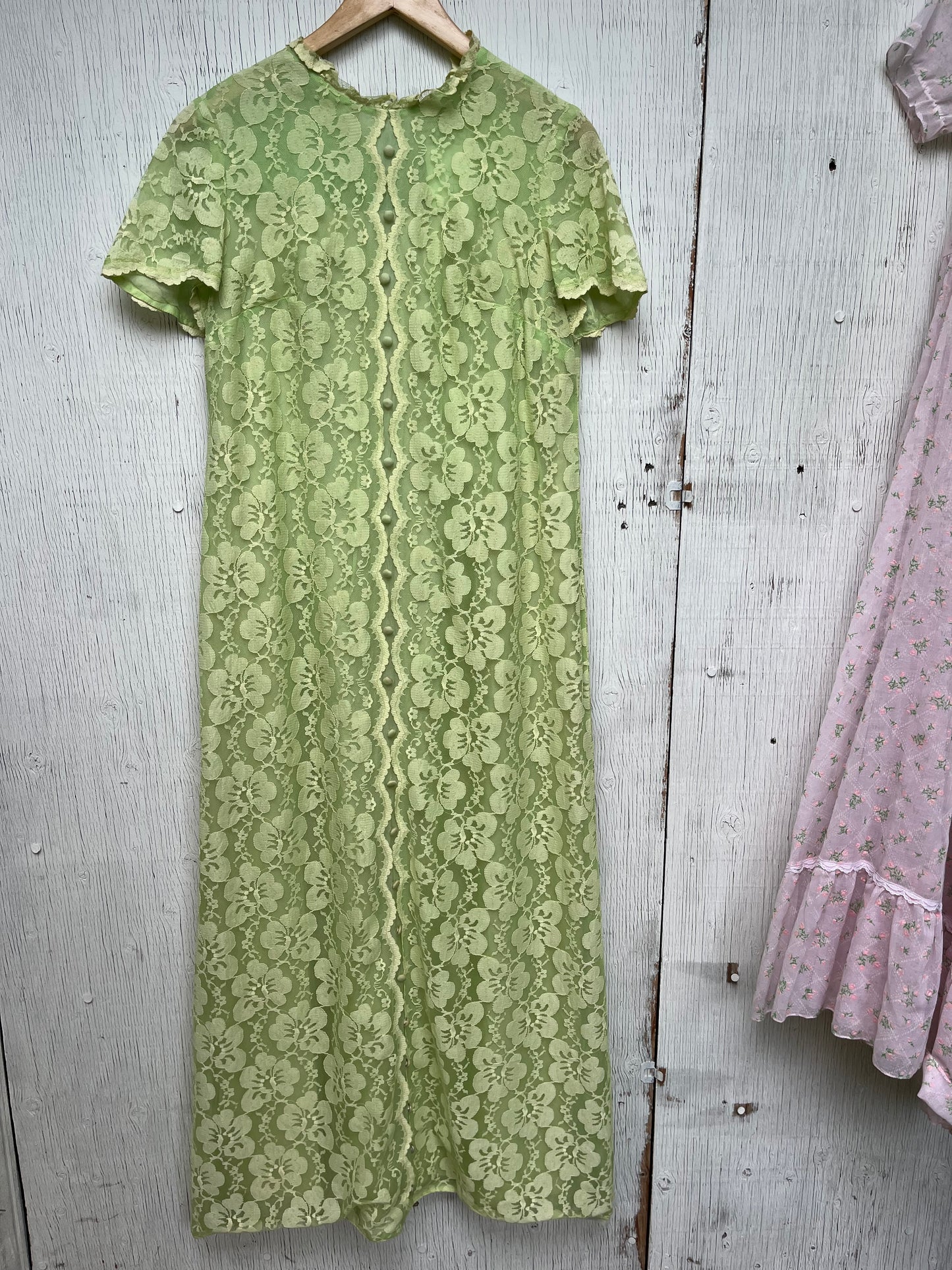1960s - Floral Lace Green Maxi Dress With Button Detail