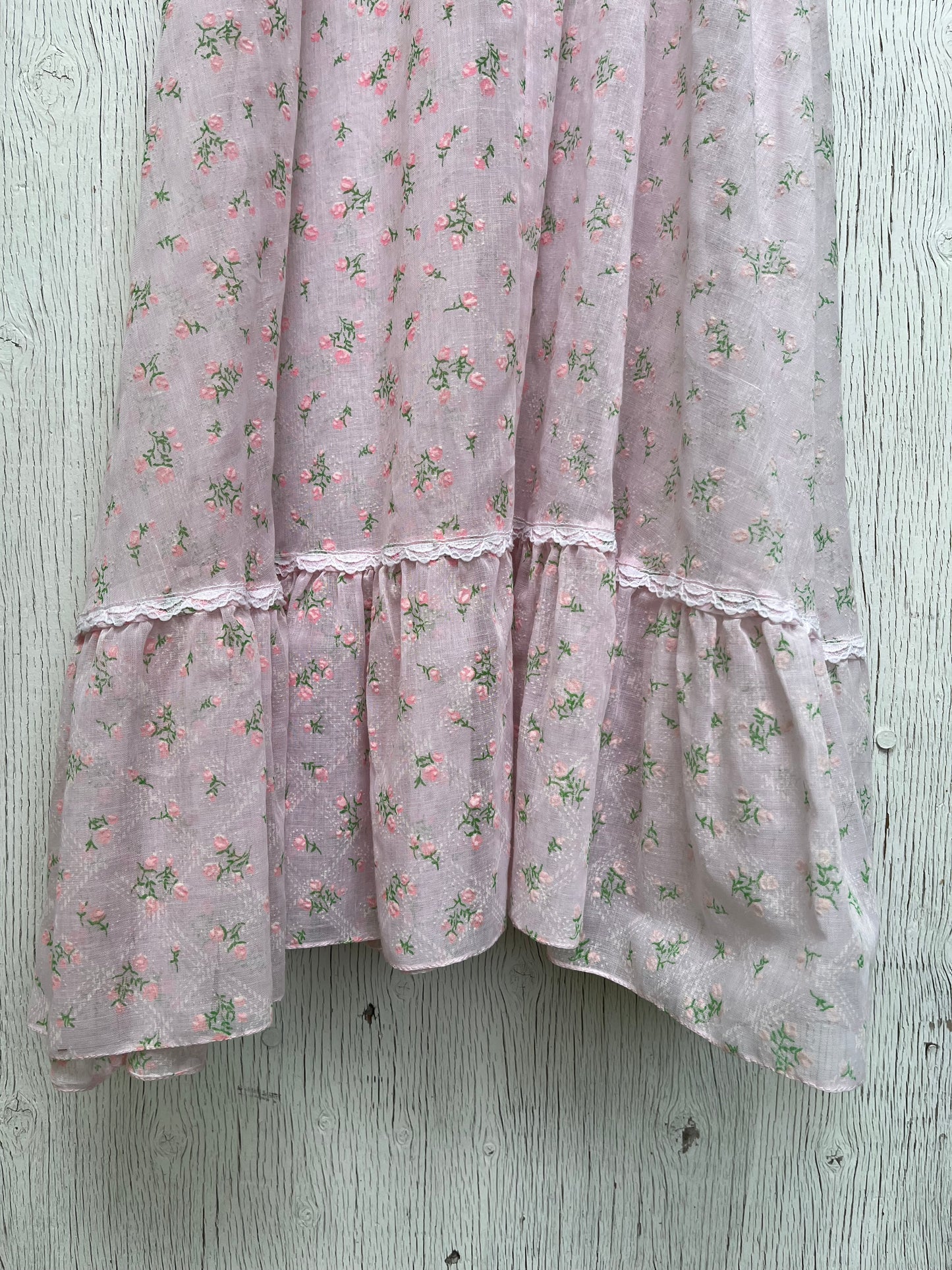 1970s - Sassy Of California Ruffled Prairie Maxi Dress Pink Floral Lace Trim