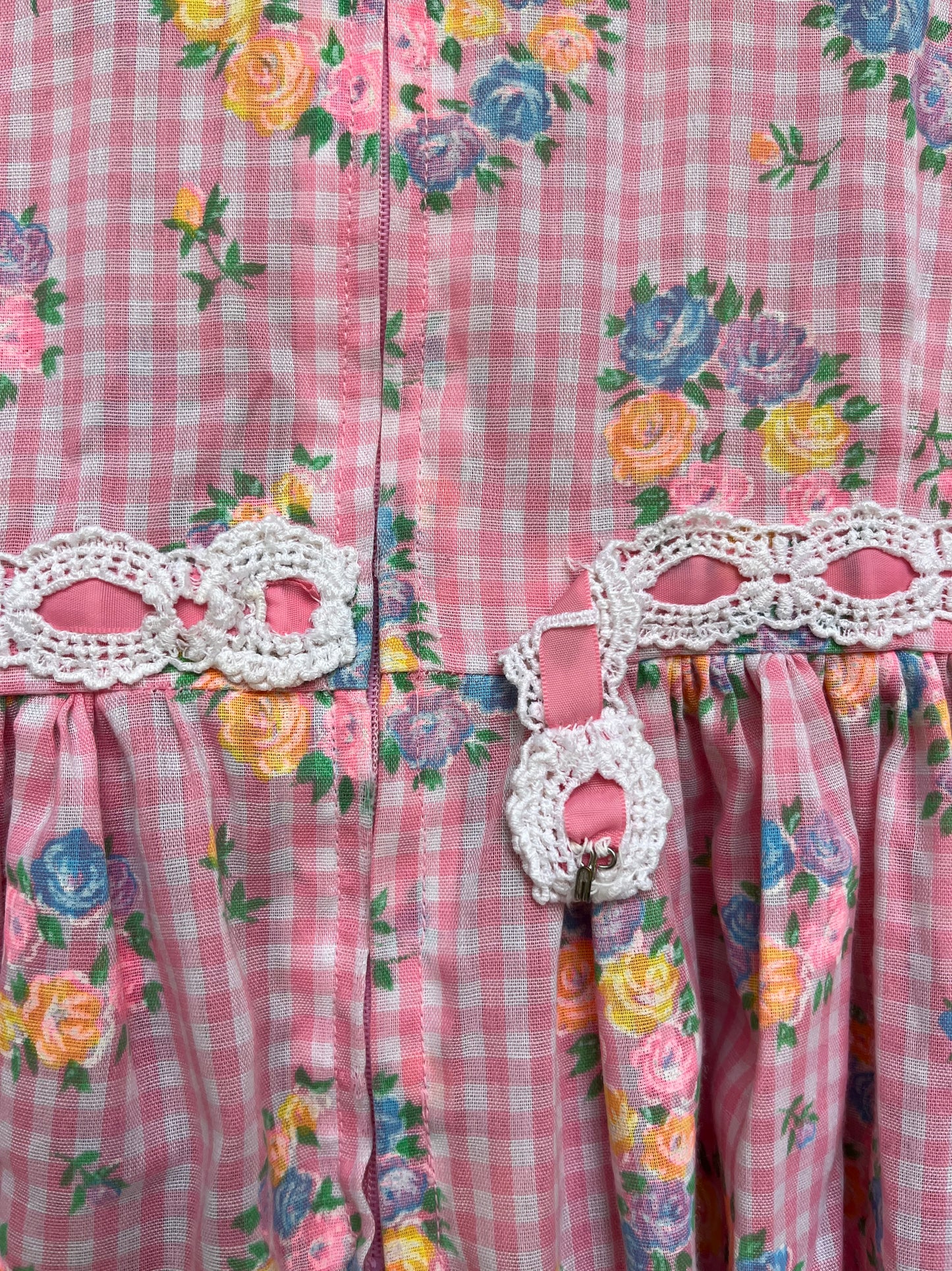 1970s Kid's Floral Gingham Prairie Dress / Lace Trim / Pink Multi