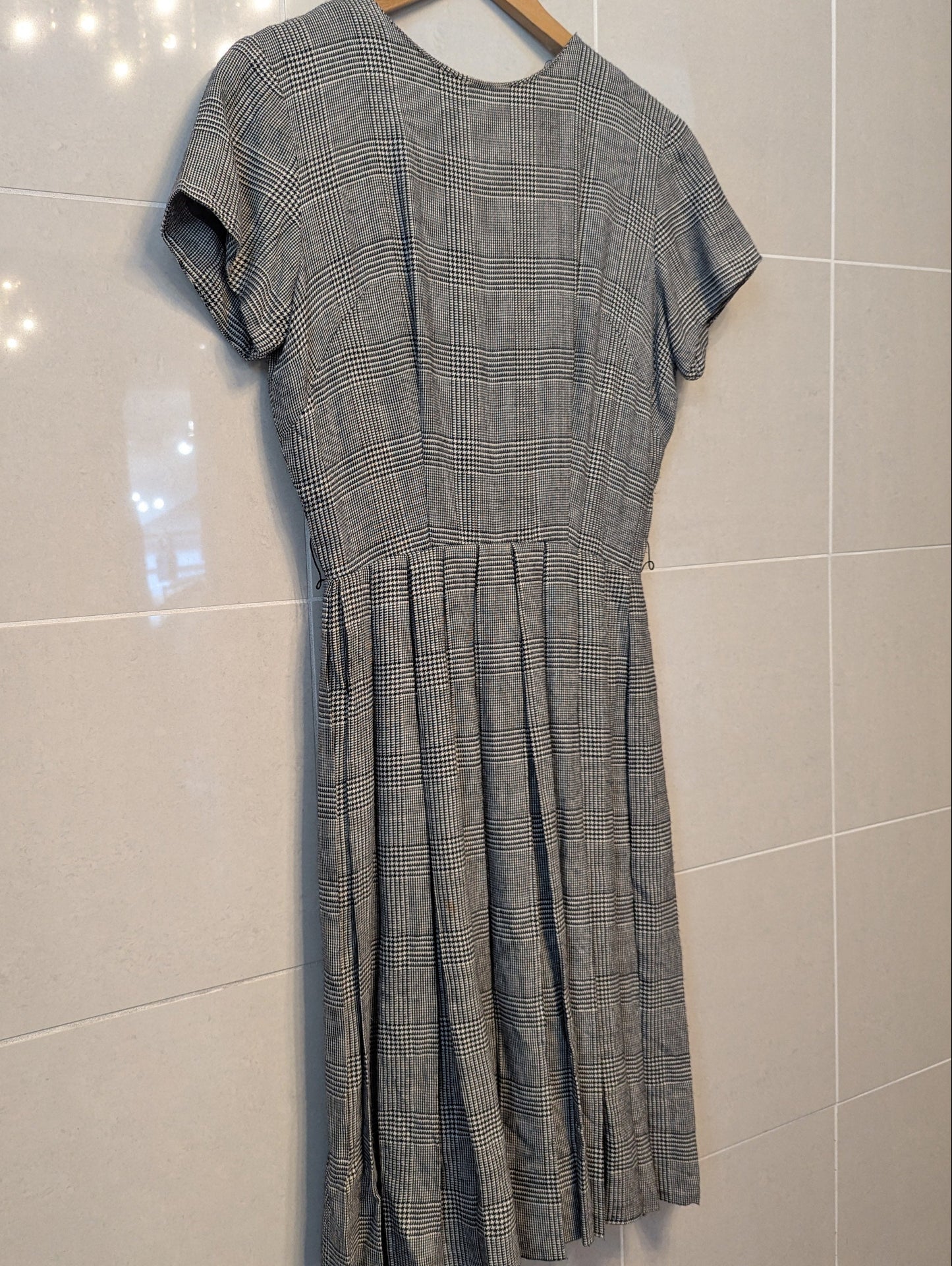50s Black & White Glen Plaid Wool Dress