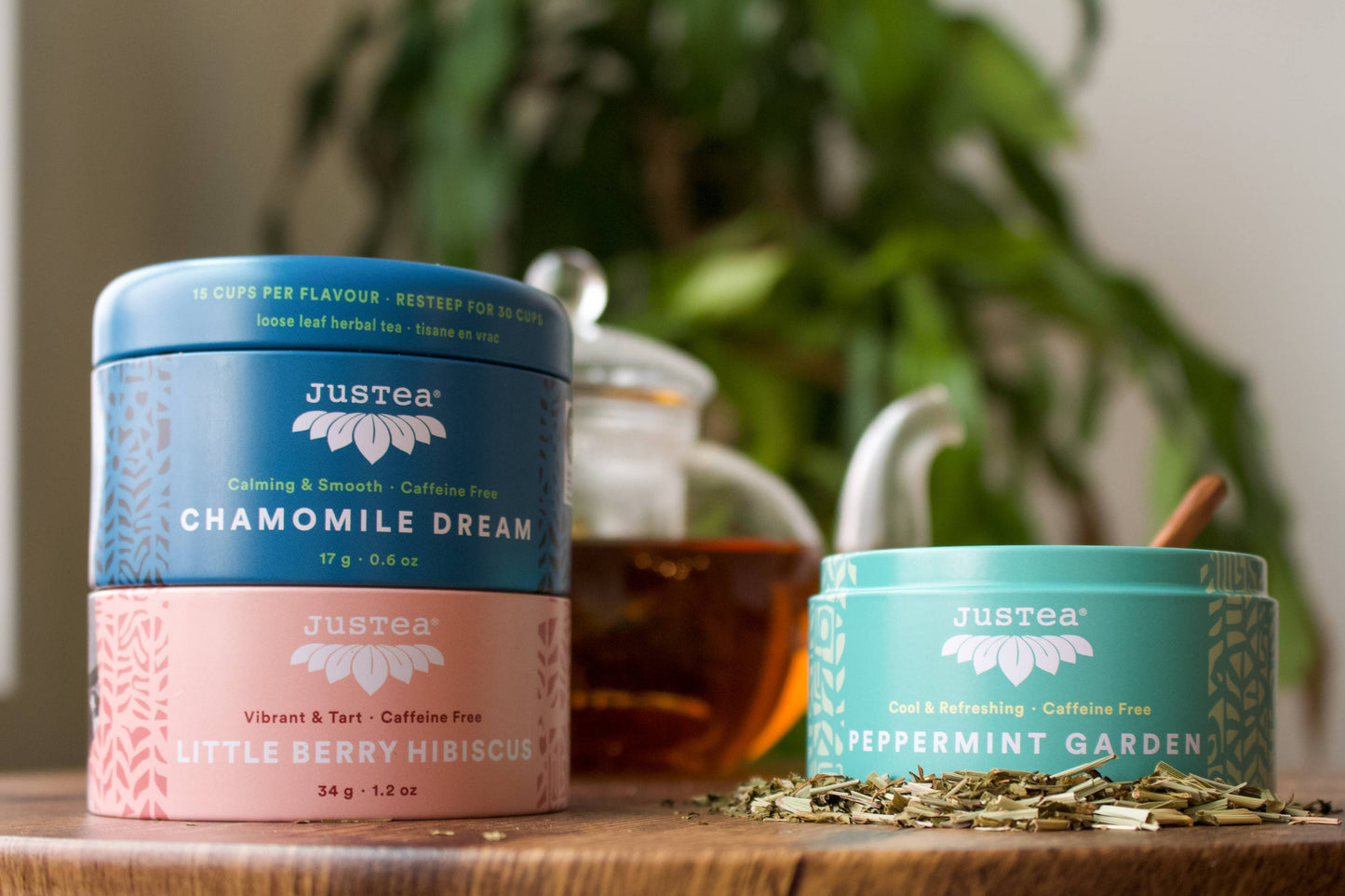 JusTea (No Import Fees to USA) - Herbal Tea Trio Tin & Spoon - Organic, Fair-Trade Tea Gift