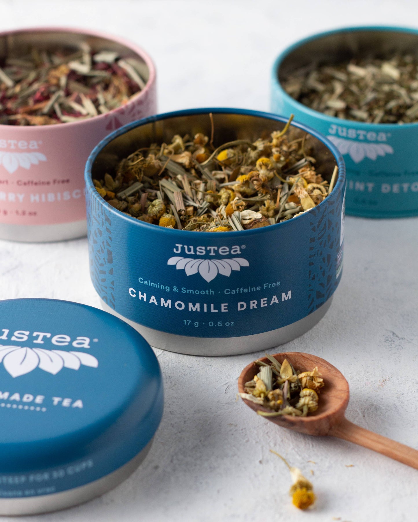 JusTea (No Import Fees to USA) - Herbal Tea Trio Tin & Spoon - Organic, Fair-Trade Tea Gift