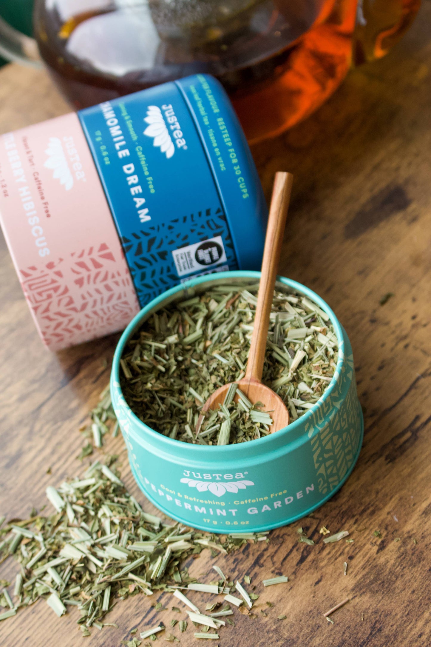 JusTea (No Import Fees to USA) - Herbal Tea Trio Tin & Spoon - Organic, Fair-Trade Tea Gift