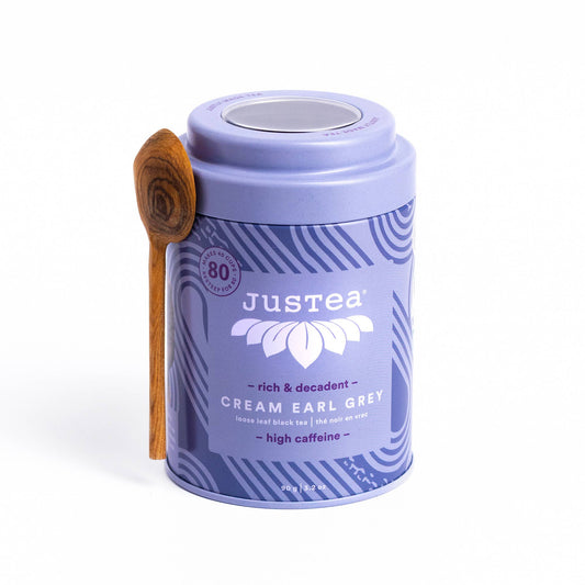 JusTea (No Import Fees to USA) - Cream Earl Grey Tin & Spoon - Organic, Fair-Trade, Black Tea