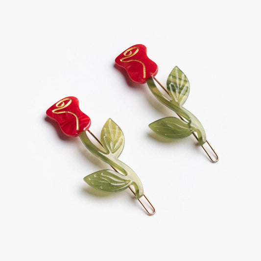 WINONA IRENE - Red Rose Acetate Barrette Hair Clip Set