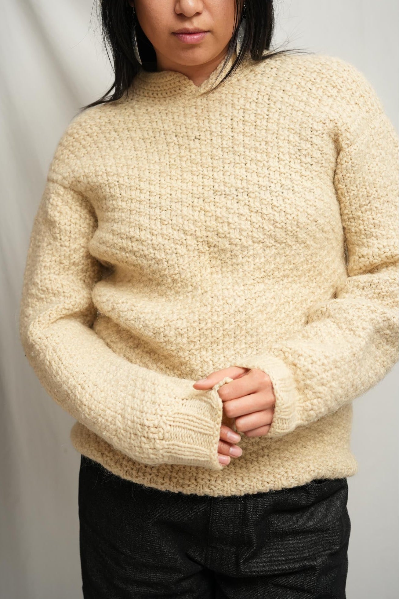 Chunky Hand Knit Wool Sweater Mandarin Collar