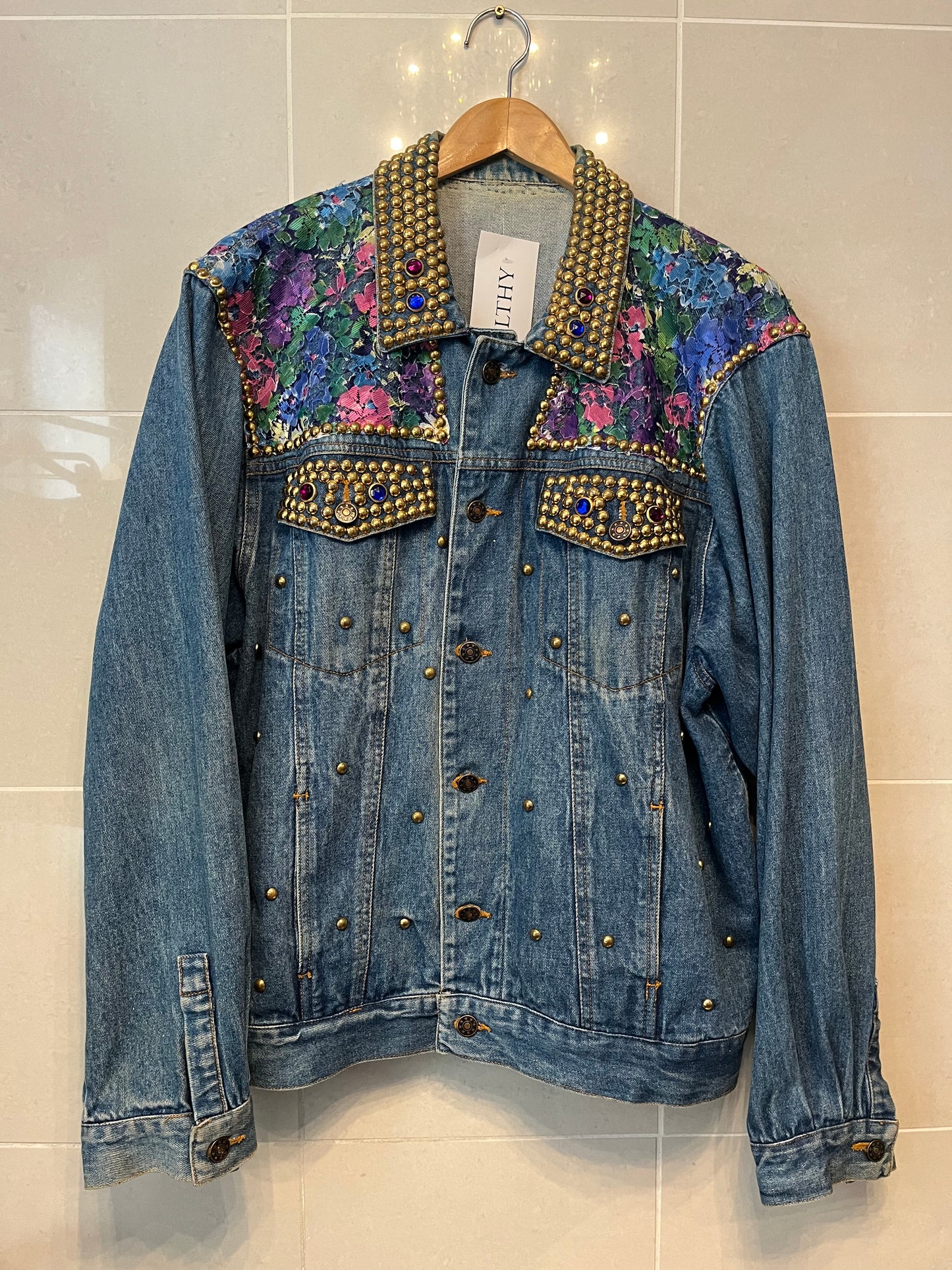 80s Studded Denim Jacket with Lace Applique