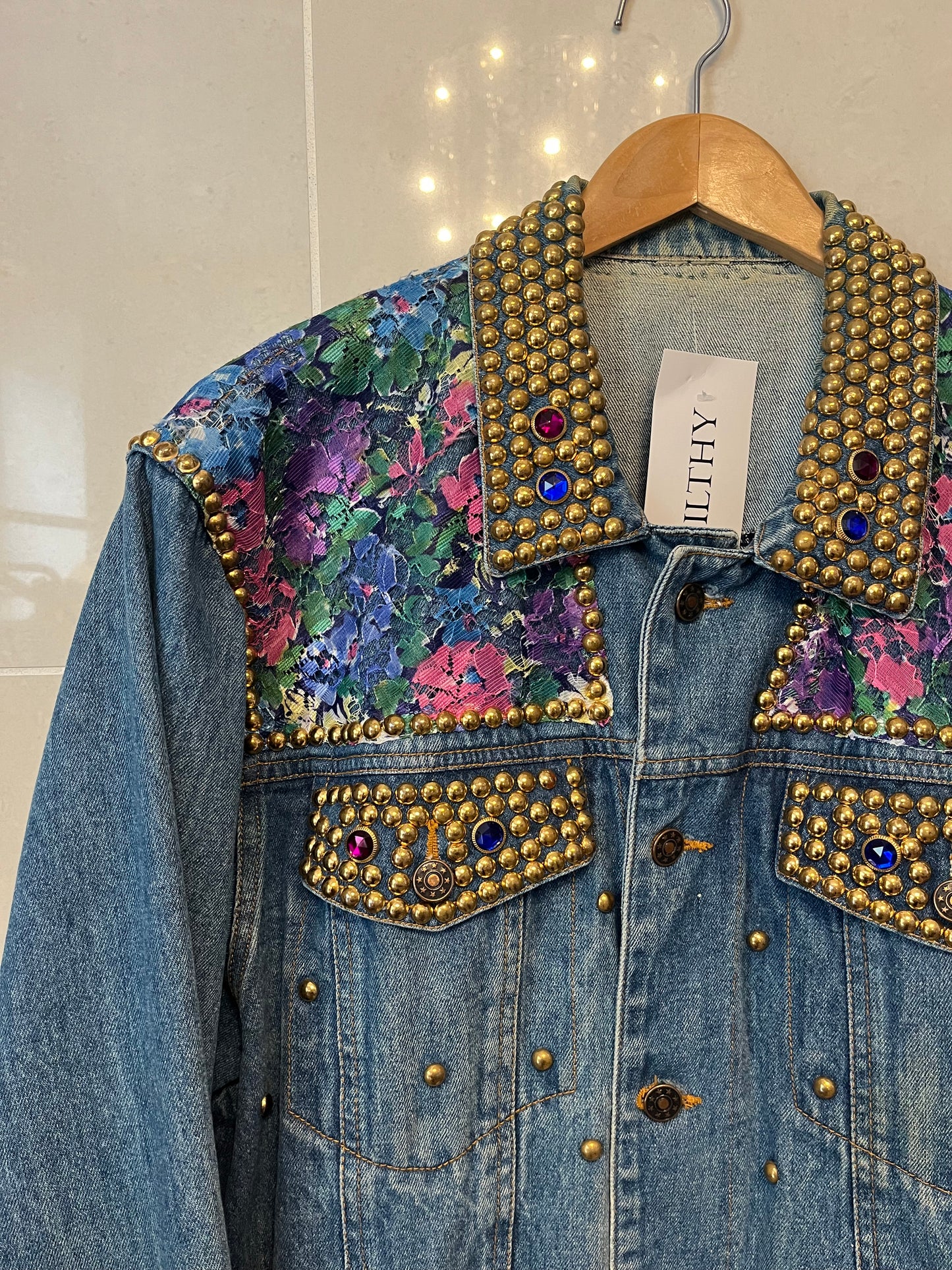 80s Studded Denim Jacket with Lace Applique