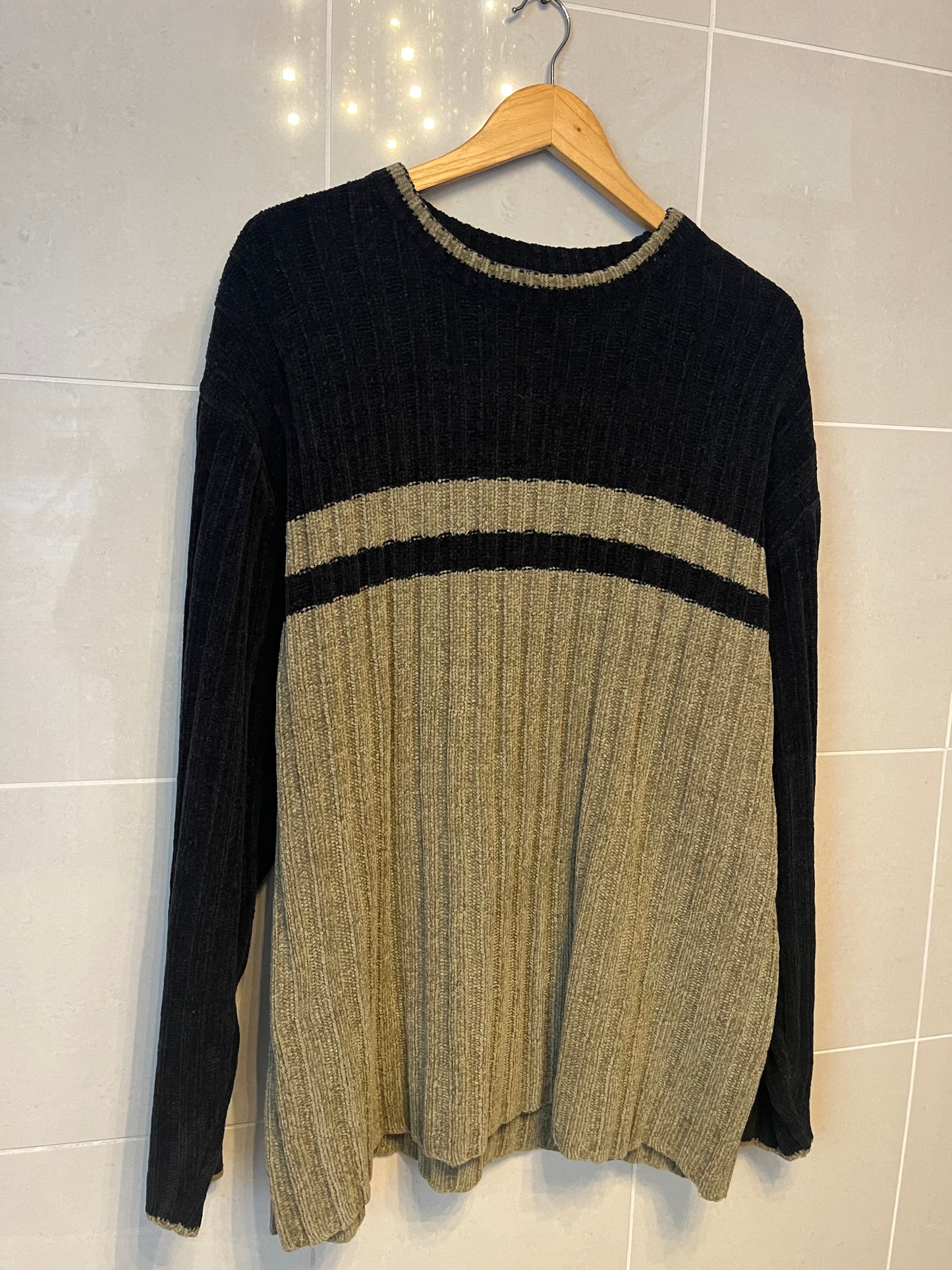 90s Ribbed Chenille Sweater – Two-Tone Stripe | Size Large