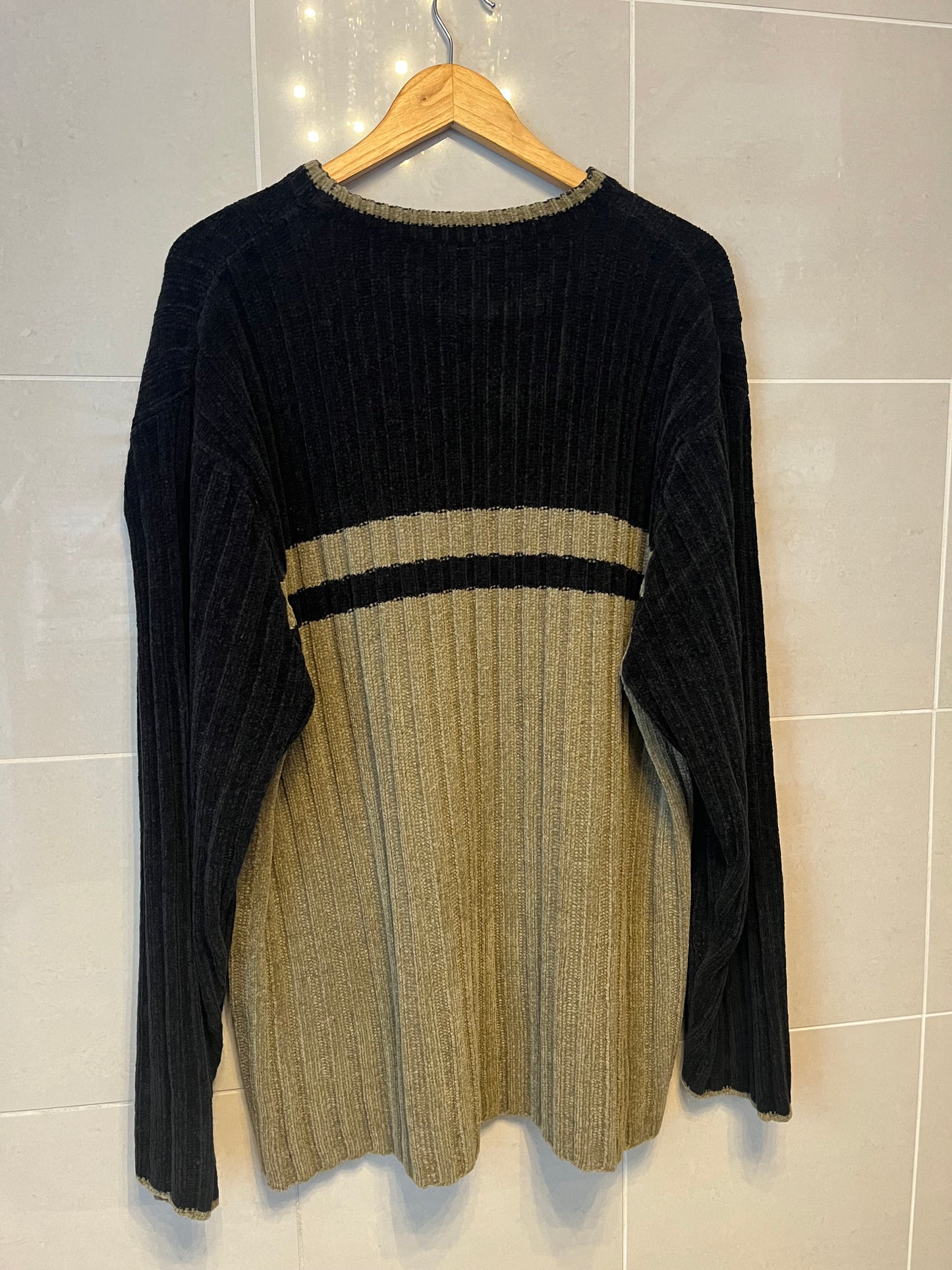 90s Ribbed Chenille Sweater – Two-Tone Stripe | Size Large