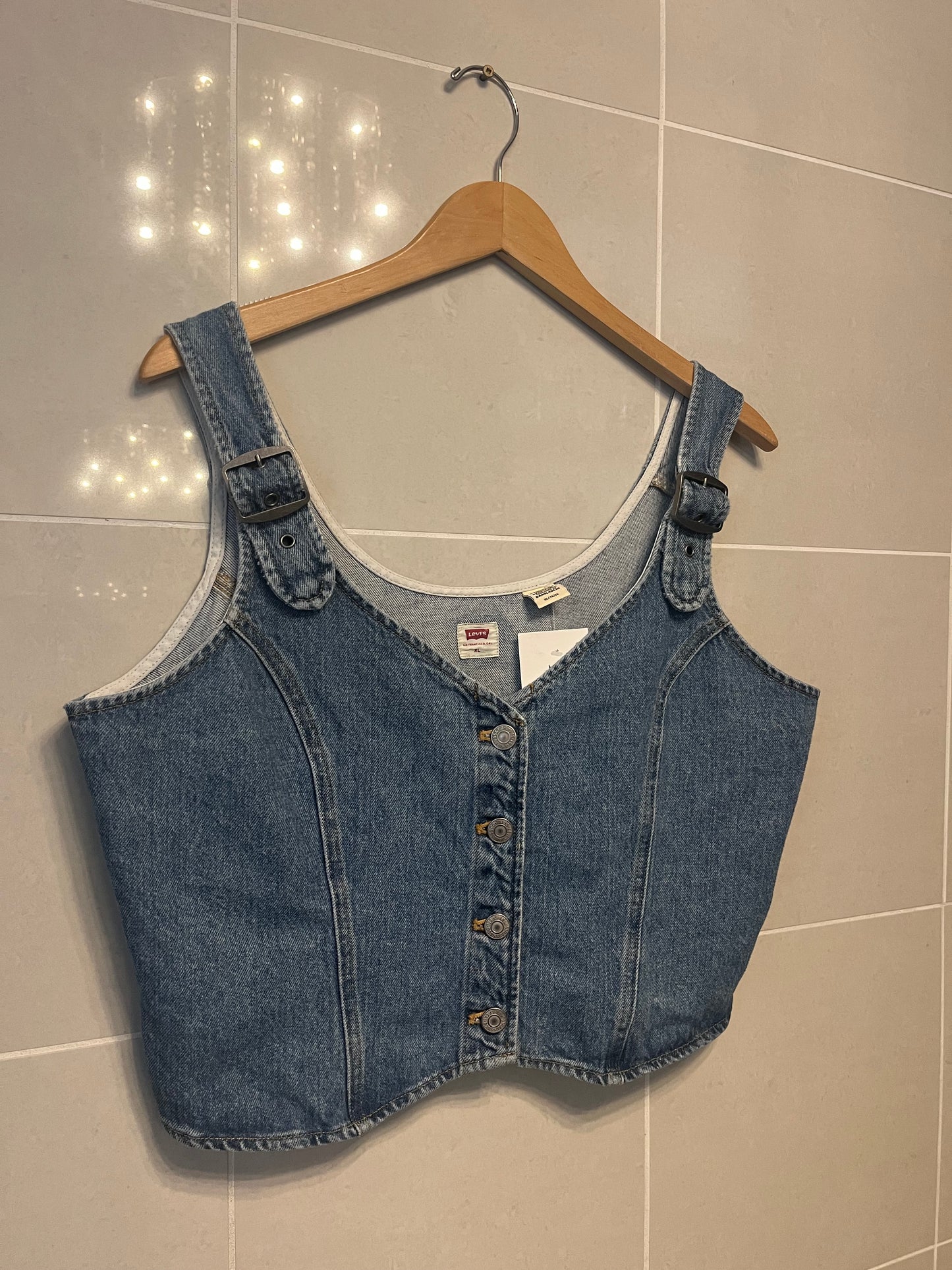 Vintage Levi’s Denim Bustier Vest – Stretch Denim, Adjustable Straps & Red Tab Detail XL