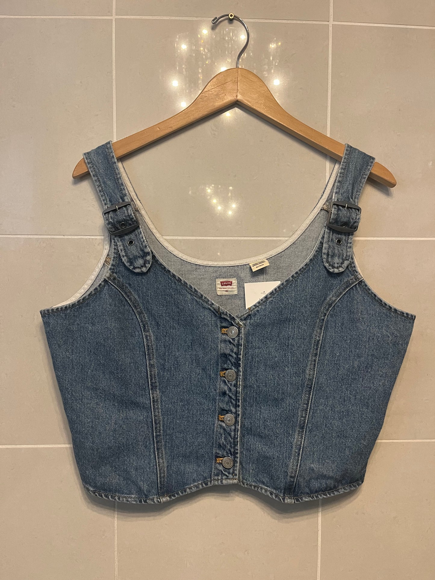 Vintage Levi’s Denim Bustier Vest – Stretch Denim, Adjustable Straps & Red Tab Detail XL
