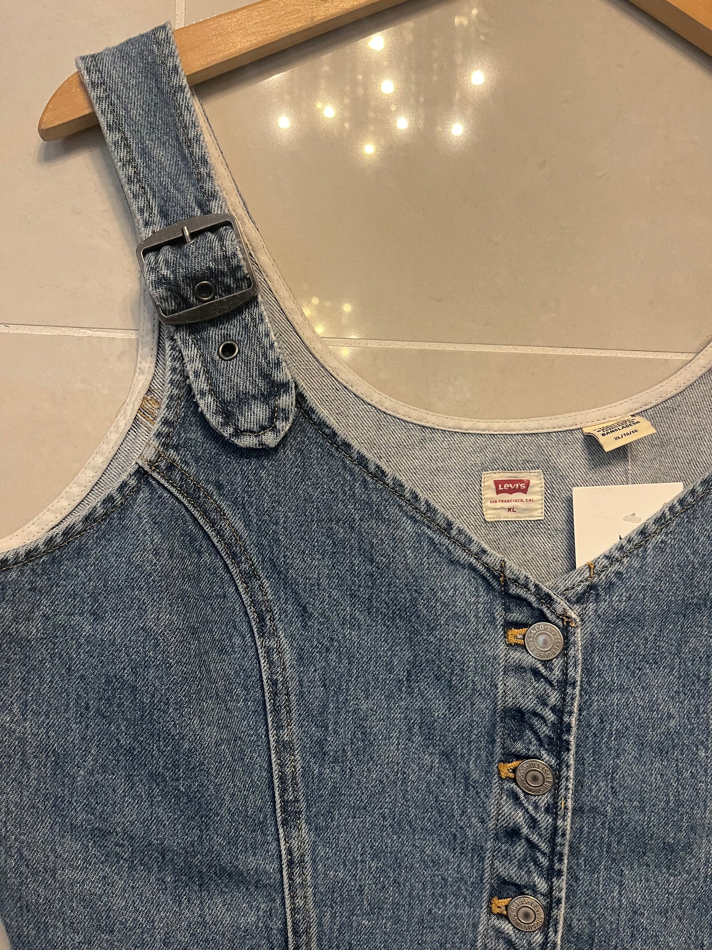 Vintage Levi’s Denim Bustier Vest – Stretch Denim, Adjustable Straps & Red Tab Detail XL