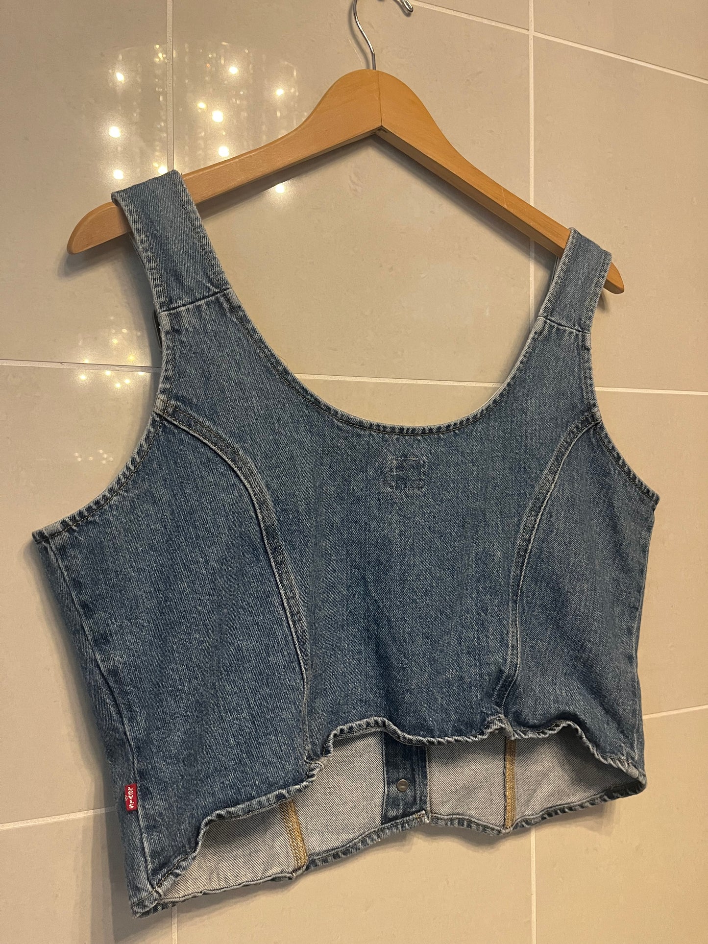 Vintage Levi’s Denim Bustier Vest – Stretch Denim, Adjustable Straps & Red Tab Detail XL