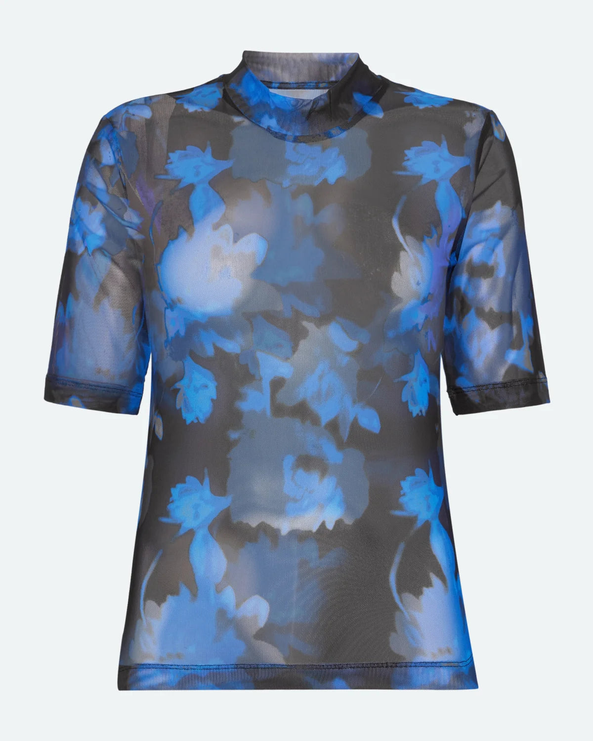 Front of short-sleeve mesh top with blue floral pattern on a white background