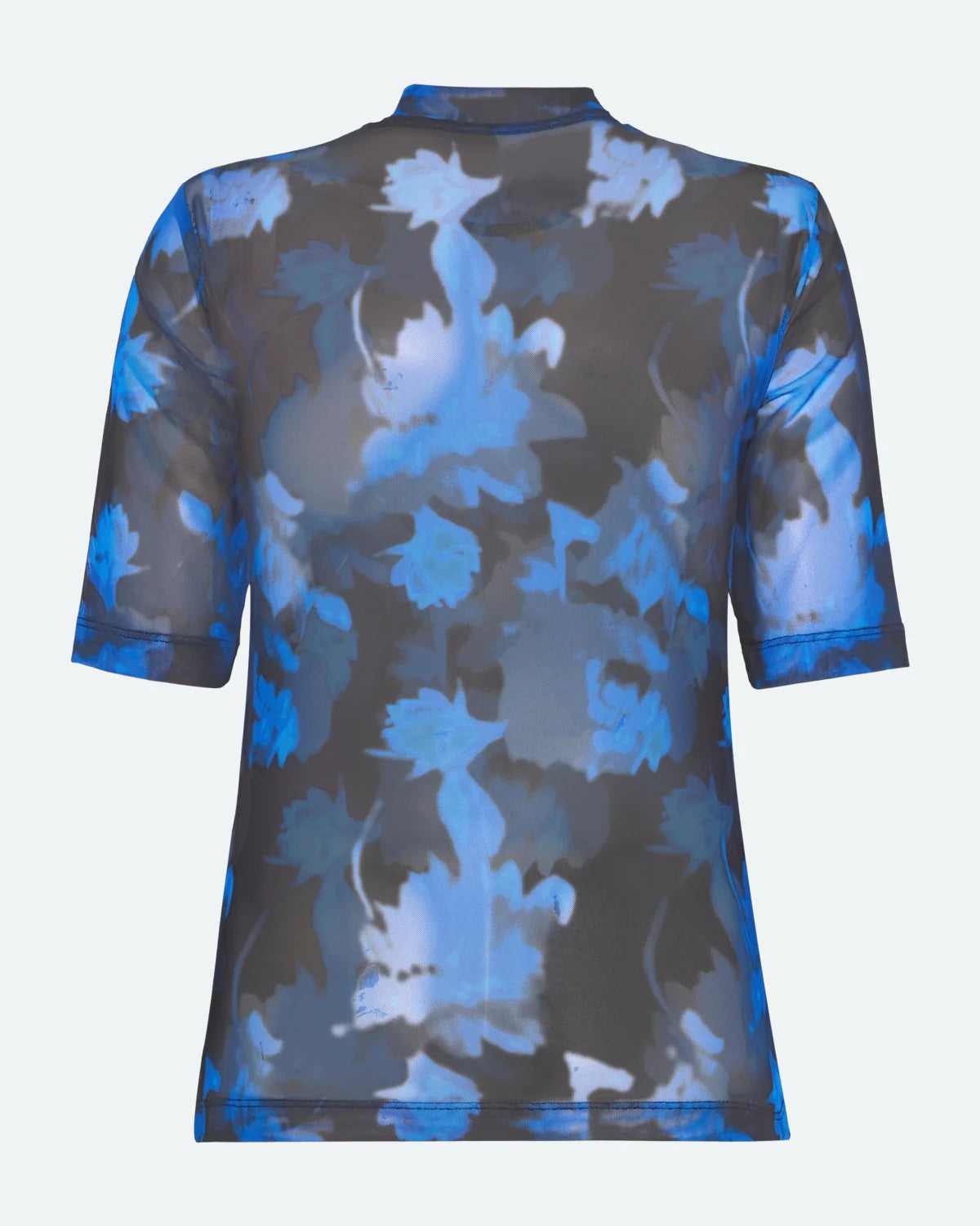Back of short-sleeve mesh top with blue floral pattern on a white background
