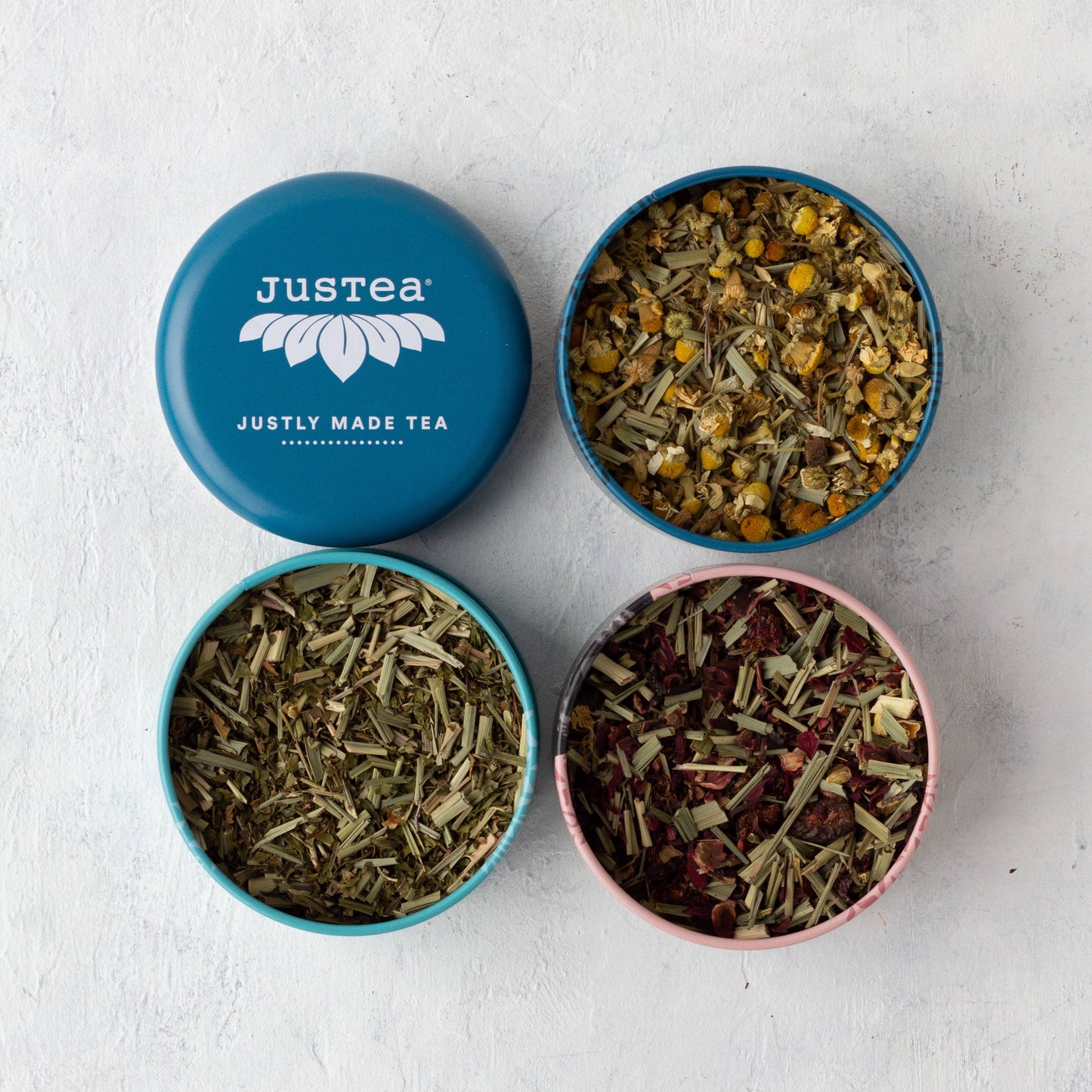 JusTea (No Import Fees to USA) - Herbal Tea Trio Tin & Spoon - Organic, Fair-Trade Tea Gift