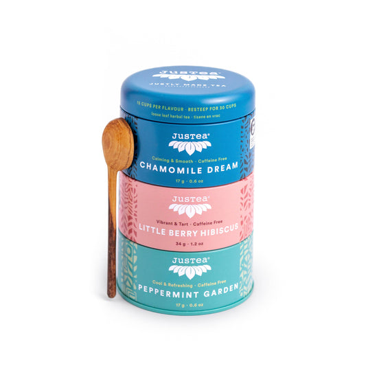JusTea (No Import Fees to USA) - Herbal Tea Trio Tin & Spoon - Organic, Fair-Trade Tea Gift