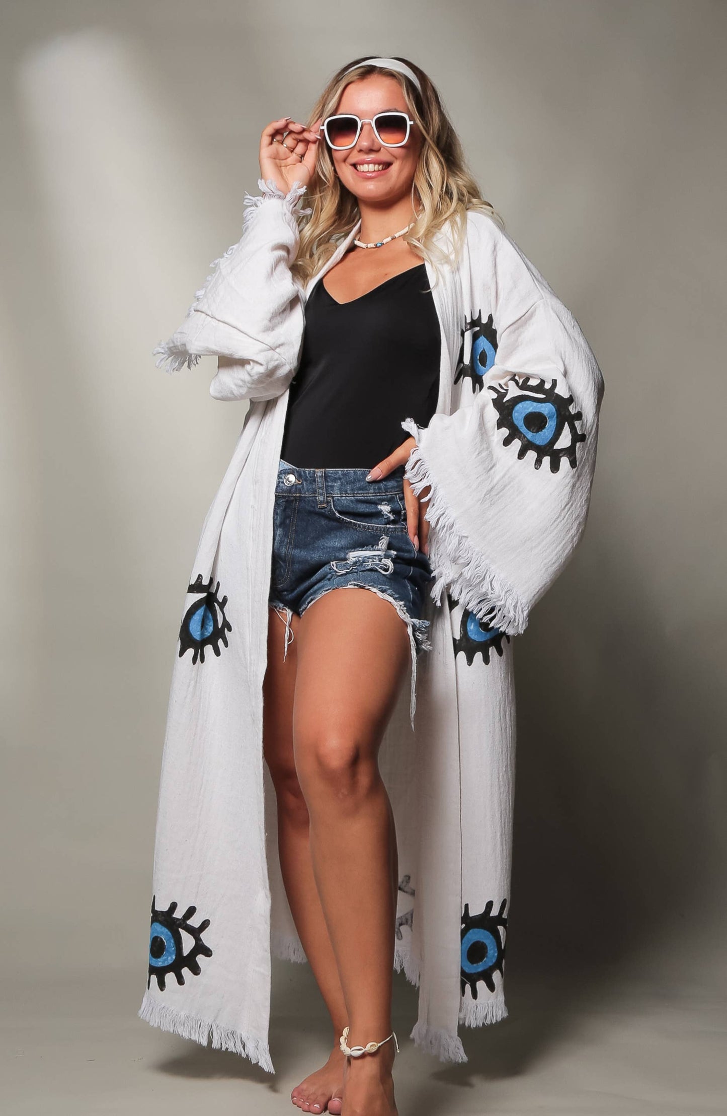Moa - Blue Evil Eye Long Kaftan Kimono