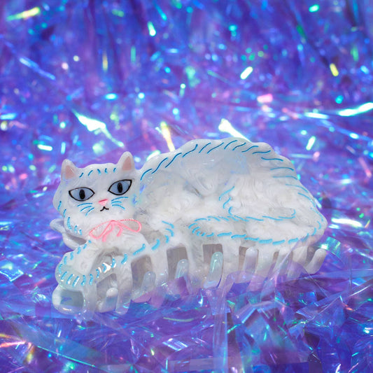 WINONA IRENE - Pretty Kitty White Persian Cat Hair Claw with Pink Bow