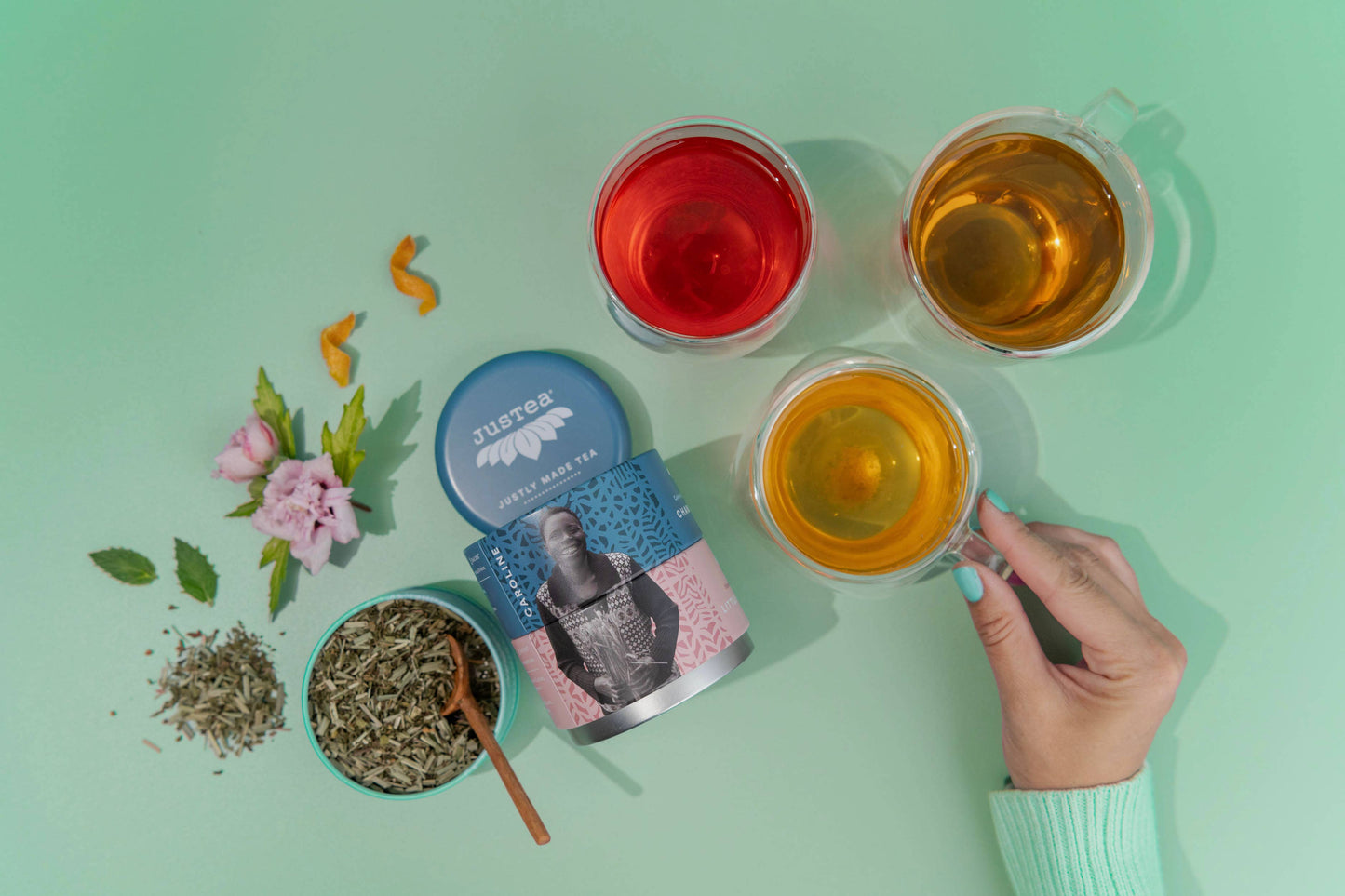 JusTea (No Import Fees to USA) - Herbal Tea Trio Tin & Spoon - Organic, Fair-Trade Tea Gift