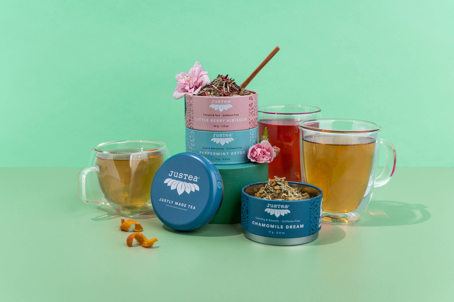JusTea (No Import Fees to USA) - Herbal Tea Trio Tin & Spoon - Organic, Fair-Trade Tea Gift