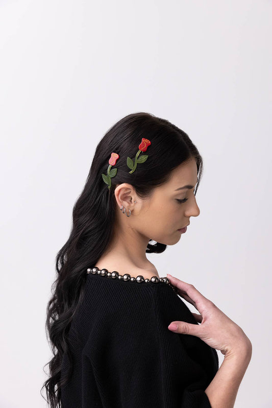 WINONA IRENE - Red Rose Acetate Barrette Hair Clip Set