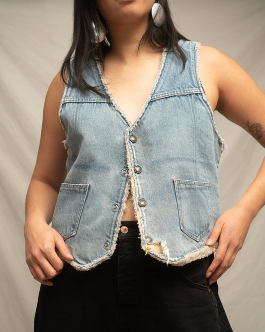 Denim Sherpa Lined Button Up Vest