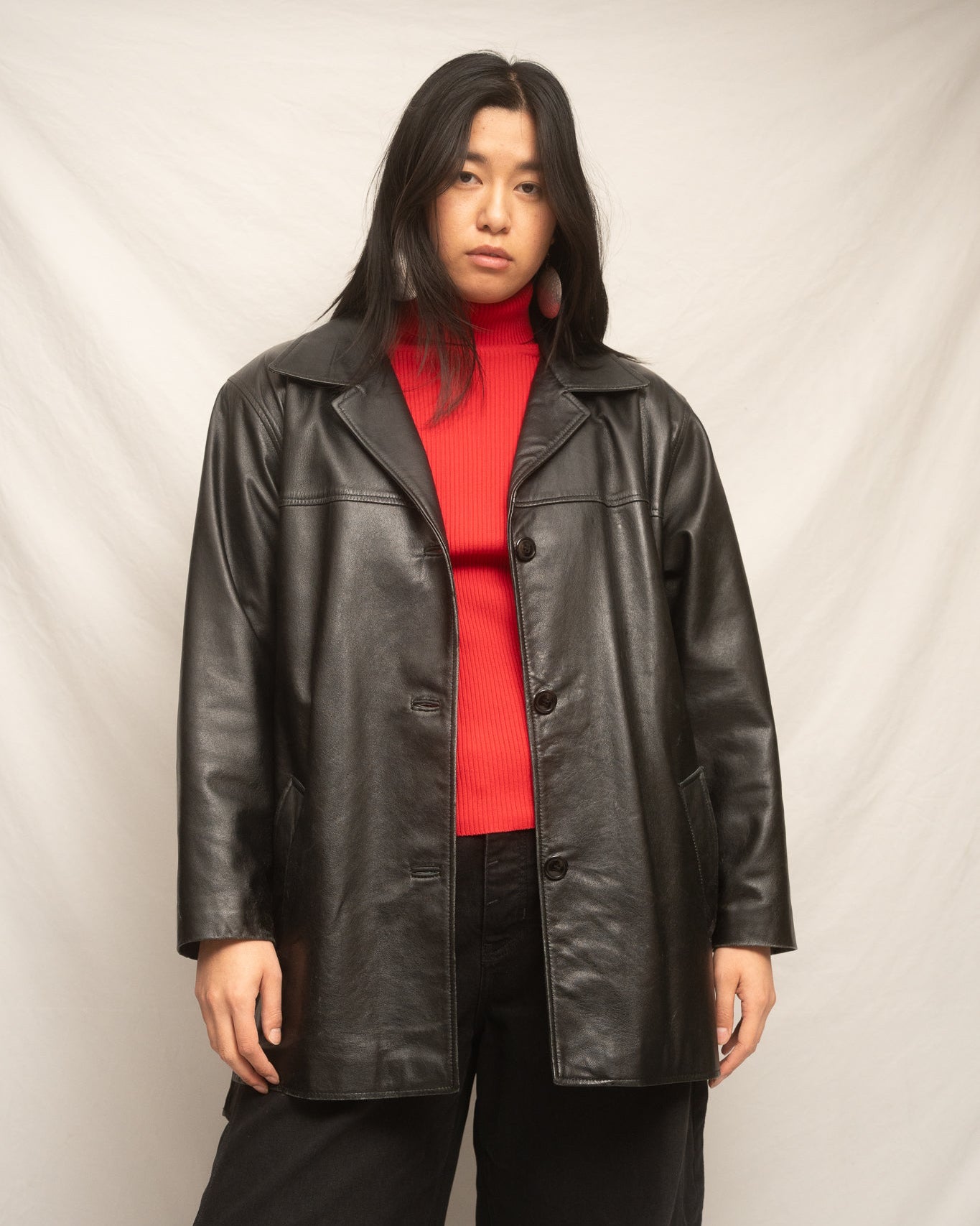 90's Black Leather Waist Tie Trench Jacket Short