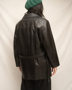 90's Black Leather Waist Tie Trench Jacket Short