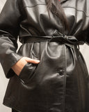 90's Black Leather Waist Tie Trench Jacket Short