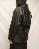 90's Black Leather Waist Tie Trench Jacket Short