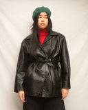 90's Black Leather Waist Tie Trench Jacket Short