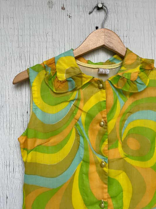 1970s - Rosita Originals Swirl Print Sleeveless Blouse / USA / Yellow Green