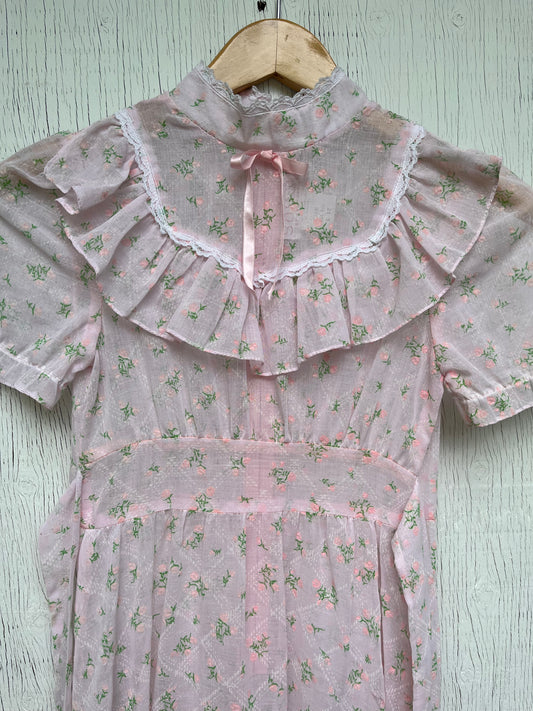 1970s - Sassy Of California Ruffled Prairie Maxi Dress Pink Floral Lace Trim