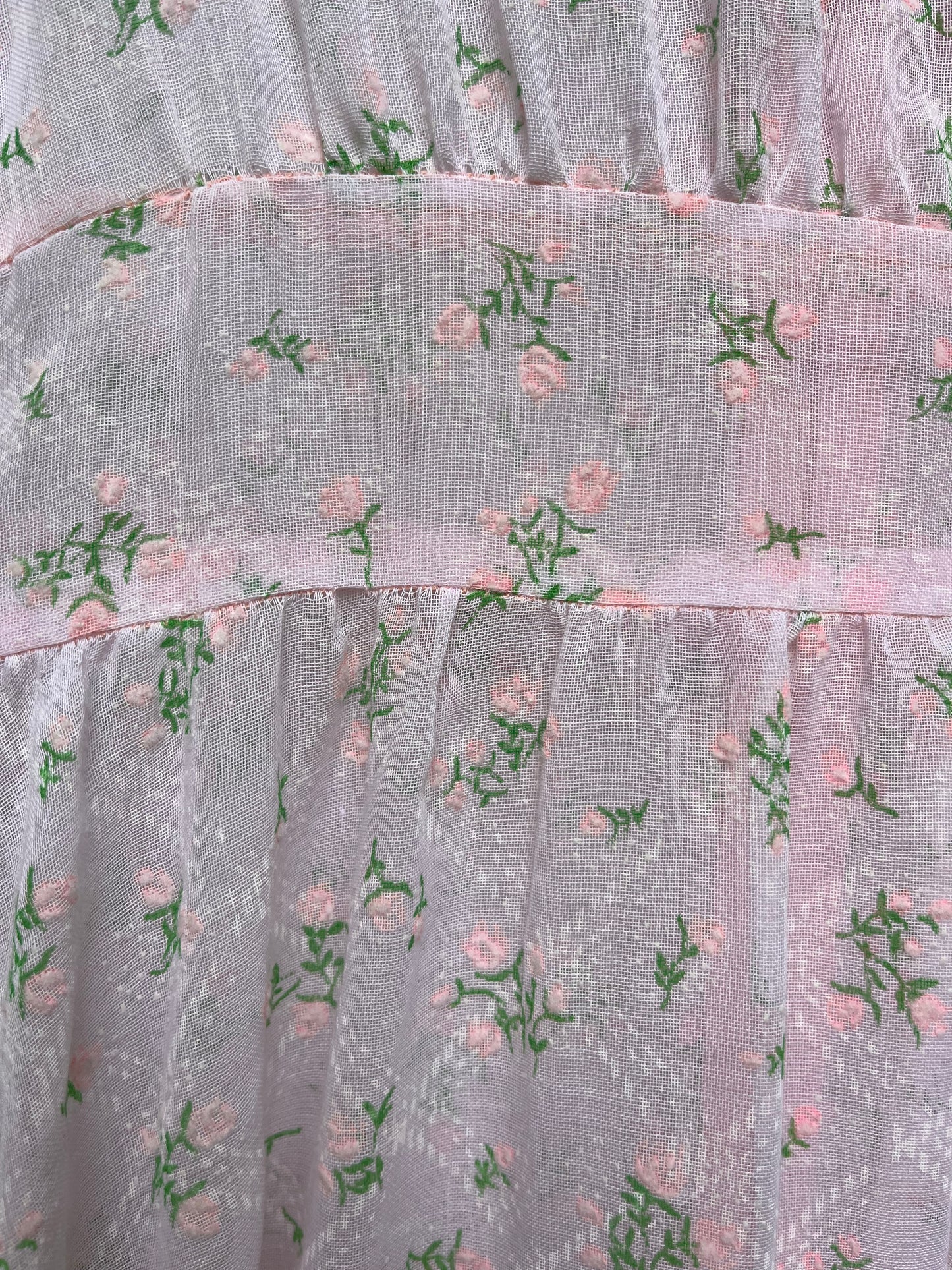 1970s - Sassy Of California Ruffled Prairie Maxi Dress Pink Floral Lace Trim