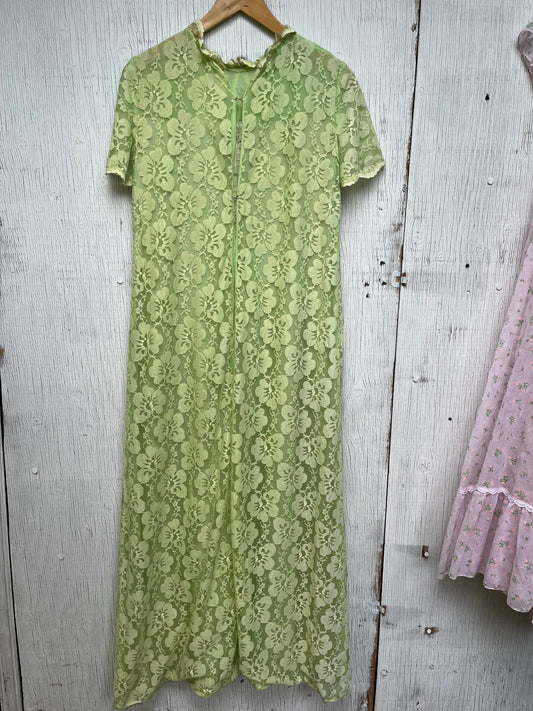 1960s - Floral Lace Green Maxi Dress With Button Detail