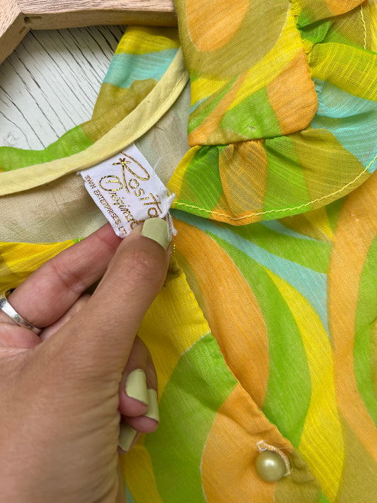 1970s - Rosita Originals Swirl Print Sleeveless Blouse / USA / Yellow Green