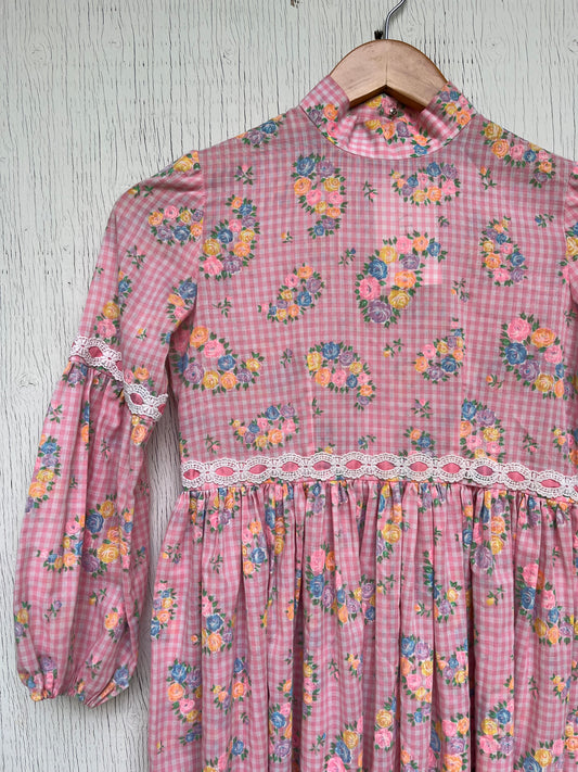 1970s Kid's Floral Gingham Prairie Dress / Lace Trim / Pink Multi