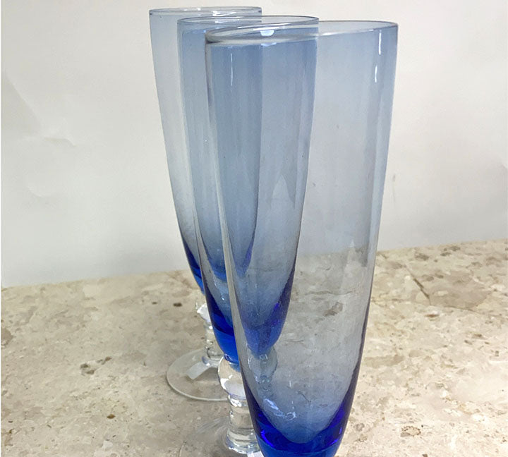 90s Blue Glass Champagne Flutes