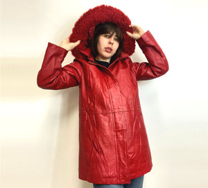 Red Leather Hooded Jacket