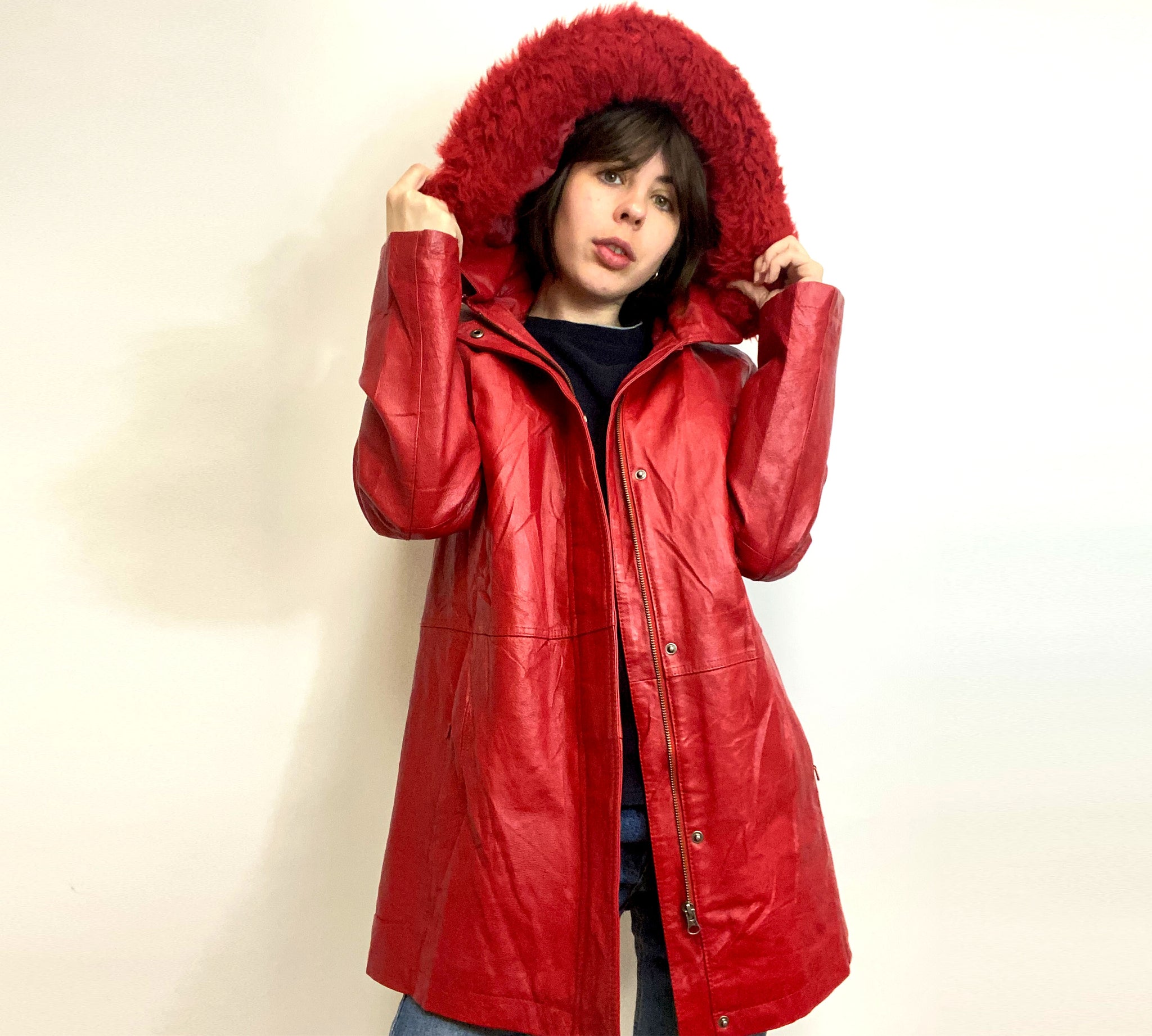 Red Leather Hooded Jacket